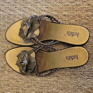 JUDITH bronze sandals with double braided straps, rosette at toe.  Size 7.